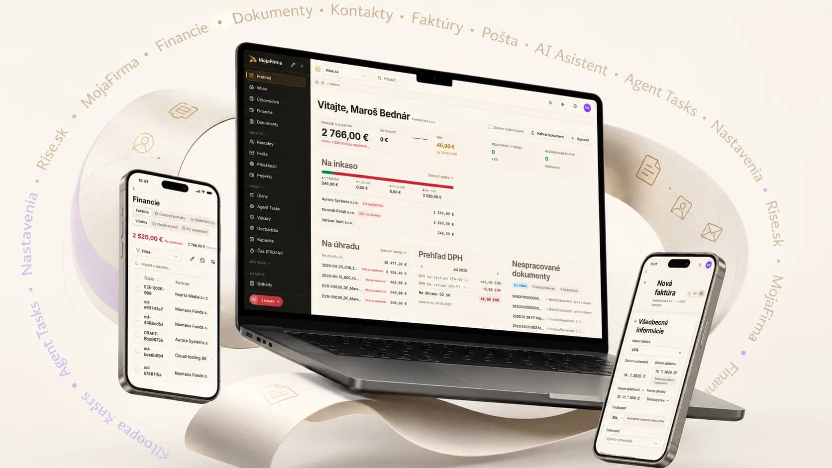 Finančný dashboard a tvorba faktúry v MojaFirma na notebooku a telefónoch